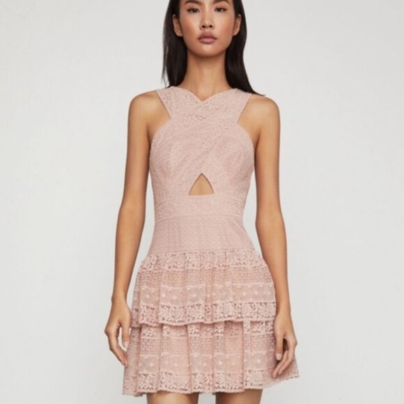 BCBGMAXAZRIA Alissa Ruffled Lace Pink Shadow Blush Dress 2 - Picture 3 of 8